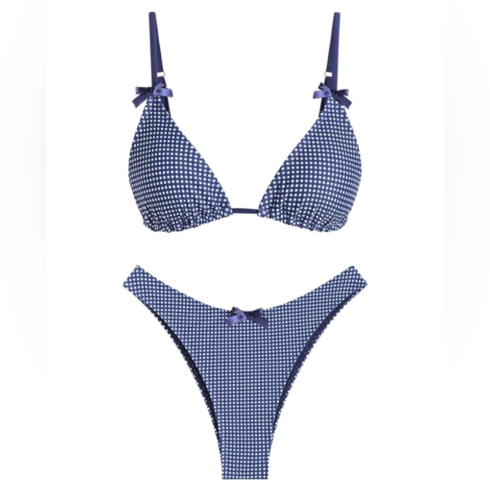 Gingham Bow Bikini Tie Back Bowknot Two Piece Swimsuits Triangle Thong